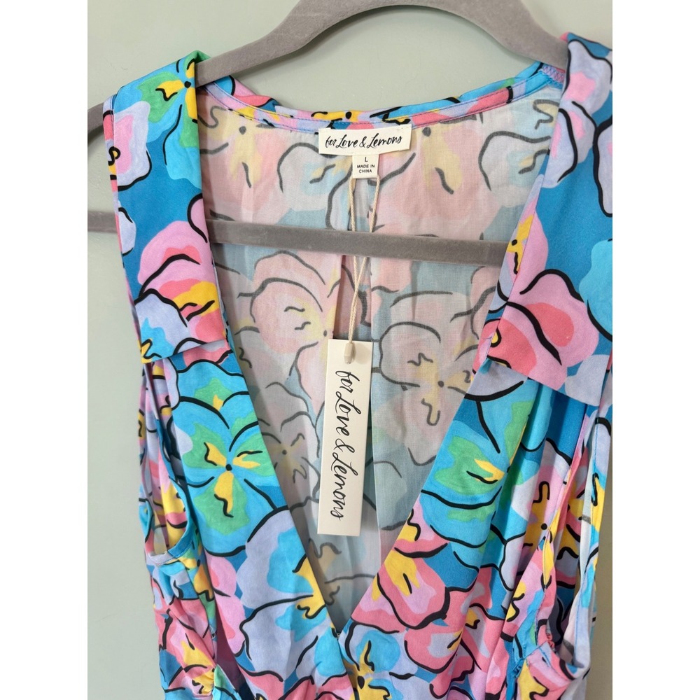 For Love & Lemons Yasmin Floral Mini Dress Blue Pink Plunge V-Neck Large NWT - Picture 8 of 14